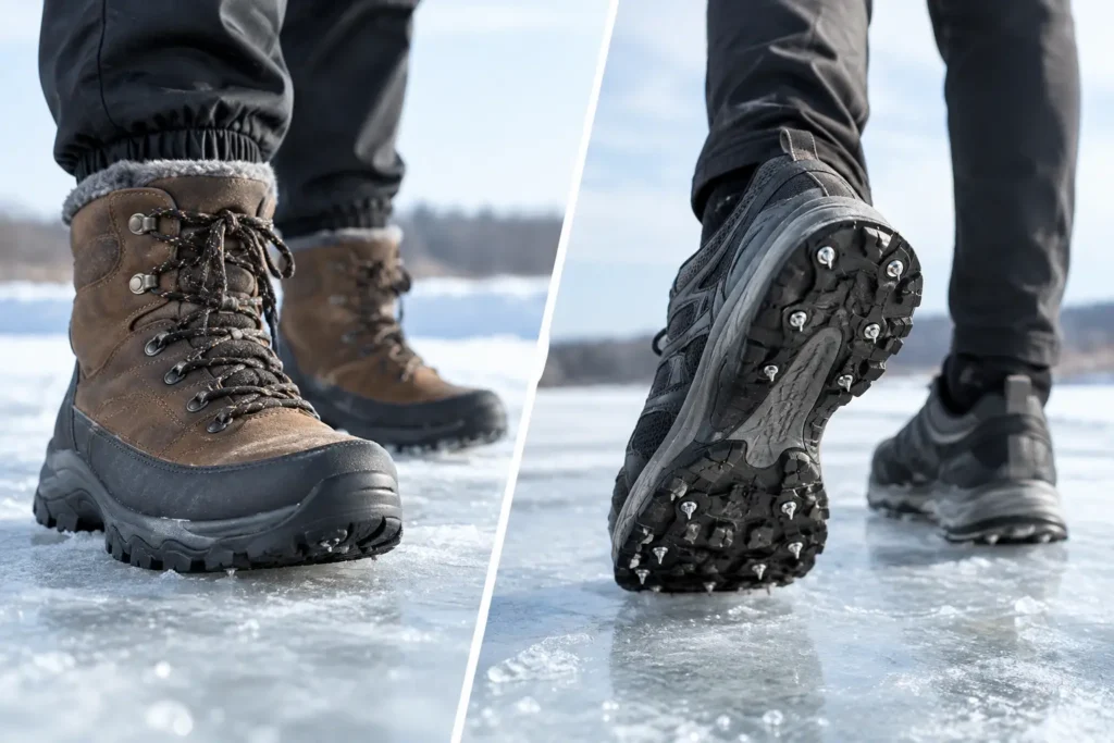 Winter Boots vs Traction Spikes for Real Ice